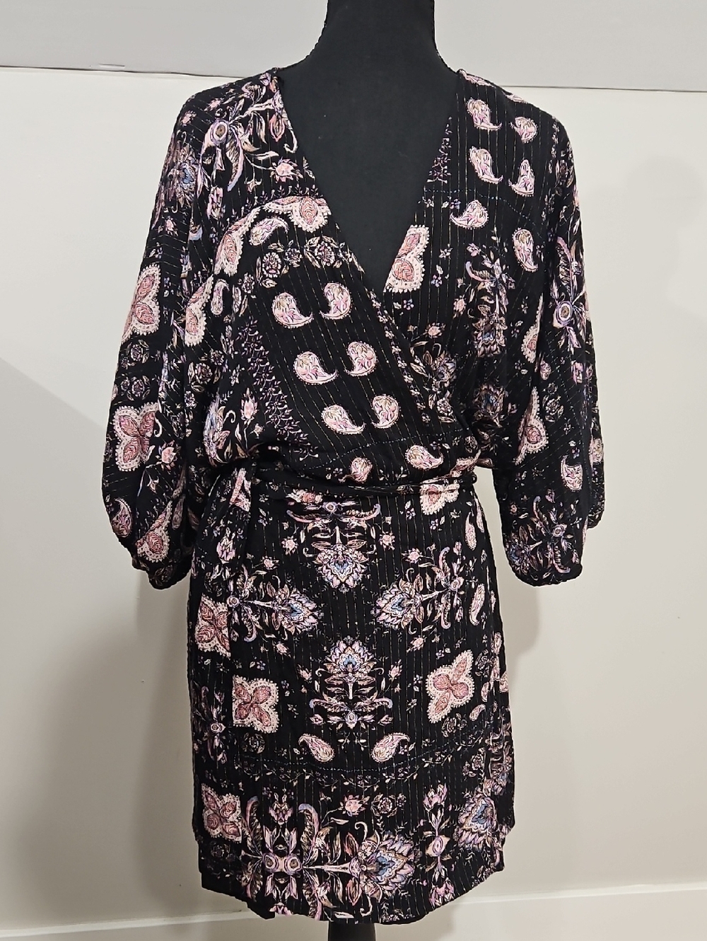 lovestitch Black Wrap Dress with Pink Paisley Print. Size M